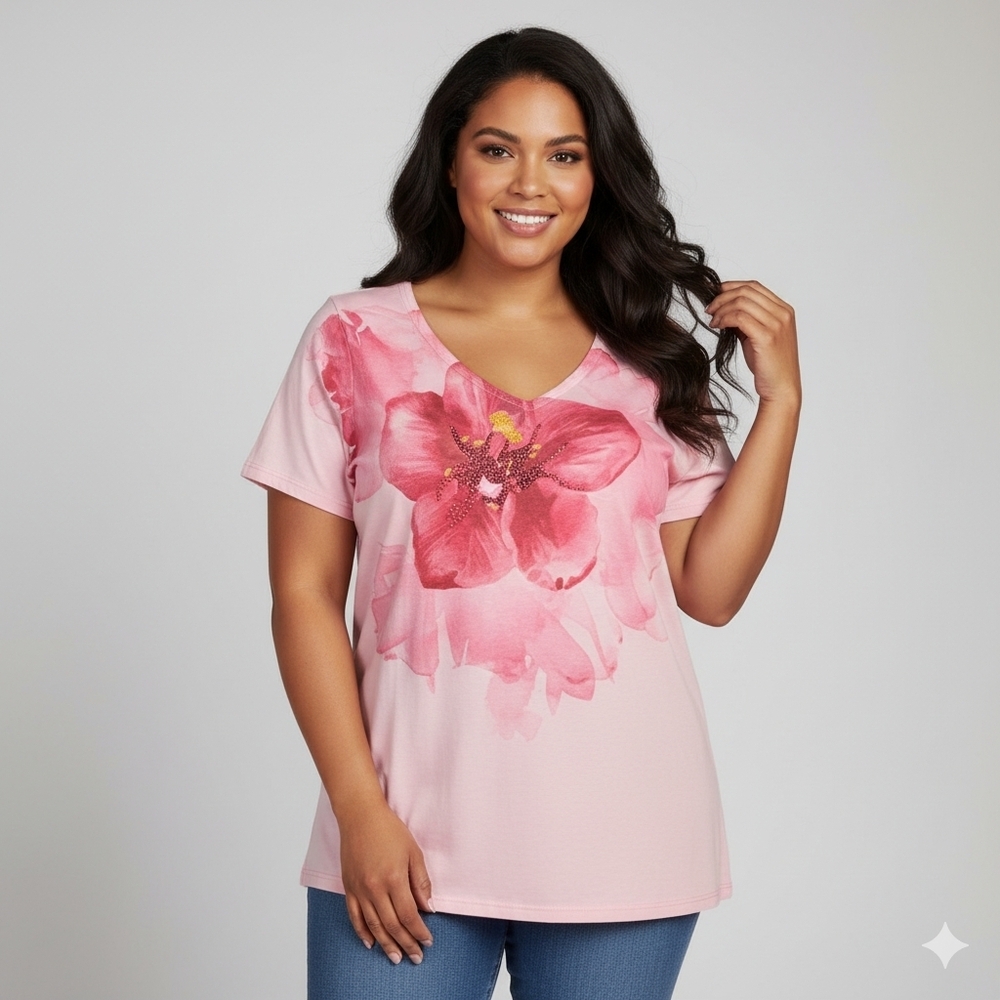 Forever Jade Floral Vneck tee Pink Size 1X